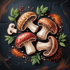Organic mushrooms and fresh spices for gourmet cooking top view