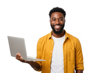 Smiling young black man holding a modern silver laptop computer with a bright orange shirt isolated on transparent background
