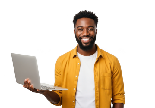 Smiling young black man holding a modern silver laptop computer with a bright orange shirt isolated on transparent background