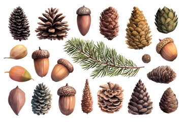 Large Collection of Hand Drawn Watercolor Pine Cones and Acorns