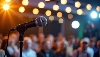 Engaging public speaking event with microphone bright lights and blurred background in a lively venue