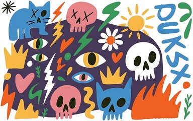 Vibrant doodle illustration with skulls, cats, eyes, and abstract art.
