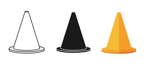 Traffic cone Vector Set in Three Styles — Line Art, Silhouette and Color Version with clear and defined lines used for safety and warning signage