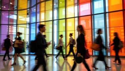 Dynamic blurred motion of business professionals walking in colorful office environment with a soft blur background