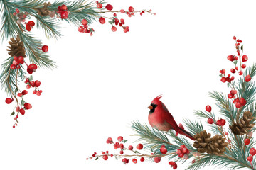 Naklejka premium Christmas Corner Border with Cardinal Bird and Pine Branches Watercolor