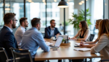 Collaborative business meeting modern office professional discussion bright environment focus on participants with blur background
