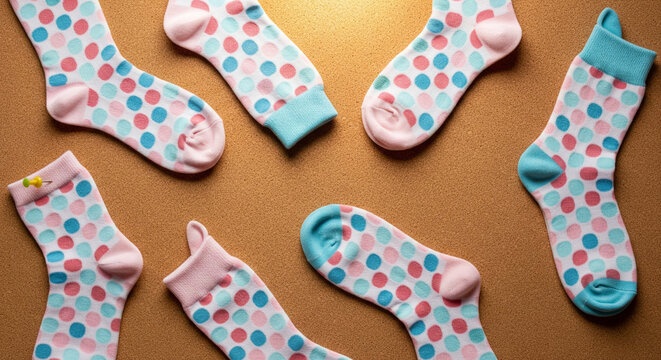 Fun colorful polka-dot socks in a flat lay arrangement on brown background.
An overhead, flat lay arrangement showcasing seven individual socks with a cheerful and youthful polka-dot pattern