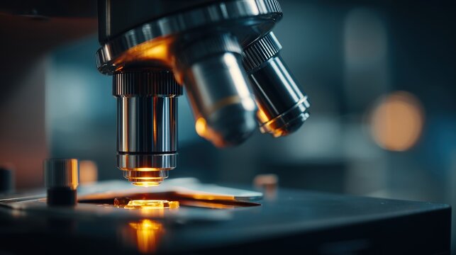 Close-up of a modern microscope with illuminated lenses and a sample stage. The scene highlights advanced scientific research and technology.
