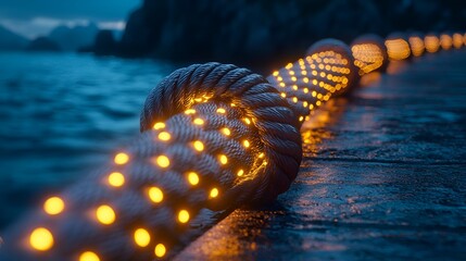 Illuminated rope on dock at night.