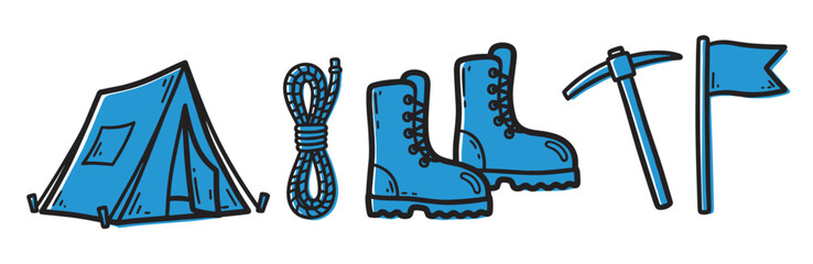 Fototapeta premium A collection of doodle-style illustrations showing essential mountaineering and trekking gear, including a tent, climbing rope, sturdy boots, an ice axe, and a small flag