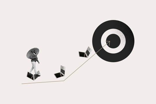 Collage showing creative concept of business growth and success with over rising arrow chart goal aim hitting center - Powered by Adobe