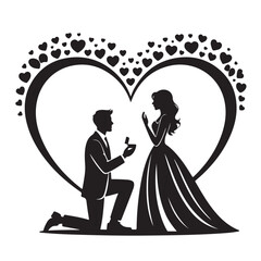 Silhouette of a man proposing to a woman inside a heart isolated on white background for wedding card