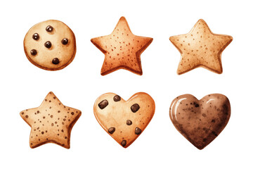 Set of Six Different Chocolate Cookies Hand Drawn in Watercolor