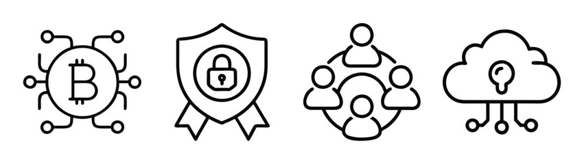 Bitcoin blockchain security cloud network technology icon set for cryptocurrency and data protection