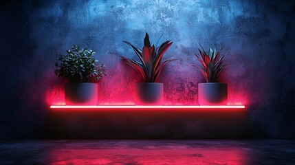 Three potted plants on a shelf with neon lighting.