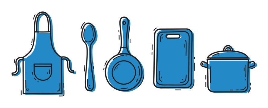 A collection of blue kitchen utensils including an apron, spoon, frying pan, cutting board, and cooking pot, illustrated in a charming hand-drawn doodle style