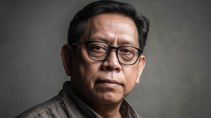 Obraz premium Senior Asian man with glasses, wearing a dark shirt, poses against a neutral background. He has short black hair and a serious expression.