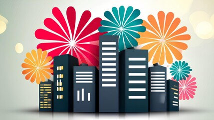 Colorful city skyline illustration with vibrant flowers in the background, showcasing modern architecture and a festive atmosphere, perfect for celebrations and events