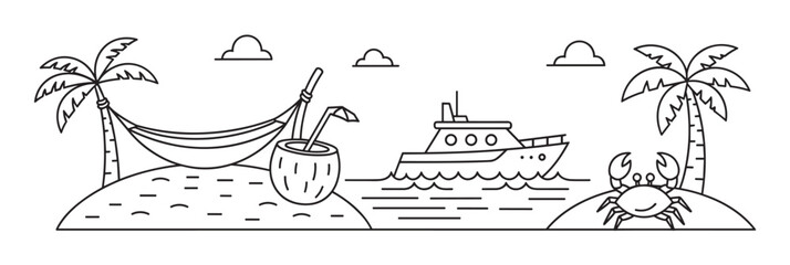 A relaxing tropical vacation scene depicted in simple black outline line art, featuring palm trees, a hammock, a coconut drink, a boat on the sea, and a crab on the sand