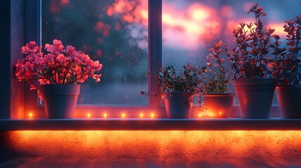 Cozy window sill with plants, sunset view, and warm lights.