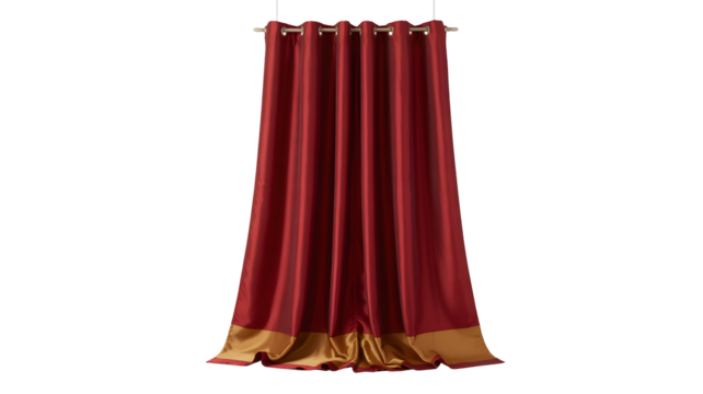 Elegant maroon curtains with golden trim cascade beautifully, ideal for adding sophistication and warmth to interior design projects and home decor visuals