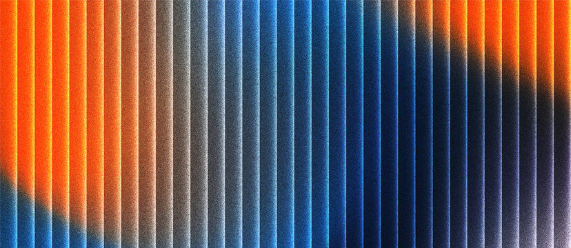 grainy ribbed glass abstract background in black, blue and orange tones with glossy curved texture, vertical light lines and smooth gradient for use in luxury design or digital surface visuals