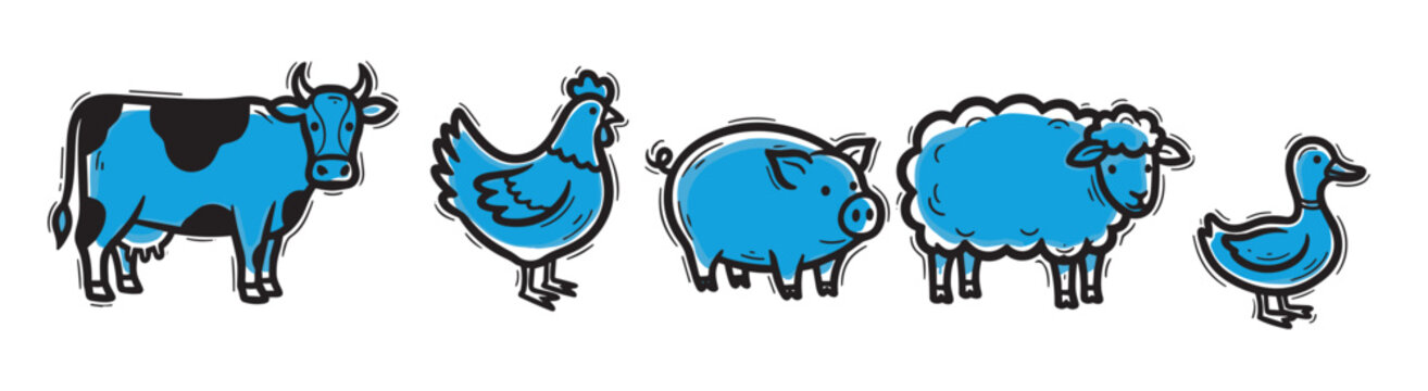 A charming set of blue farm animals including a cow, chicken, pig, sheep, and duck, all rendered in a playful, hand-drawn cartoon style with thick black outlines