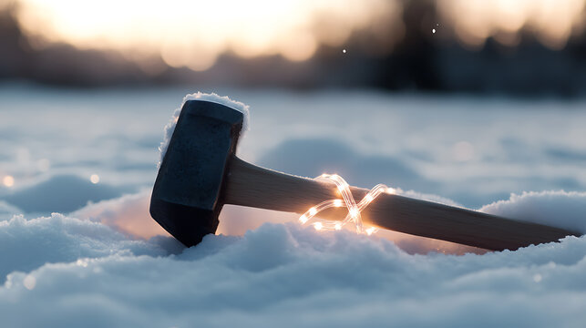 Heavy hammer resting on snow, wrapped in string lights at sunset. A unique contrast of rugged tool and soft, twinkling glow creates a captivating winter scene.