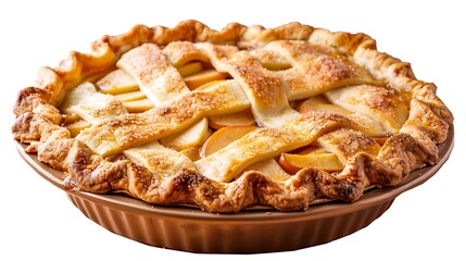 A delicious looking apple pie with a lattice crust on a brown pie plate isolated on white background