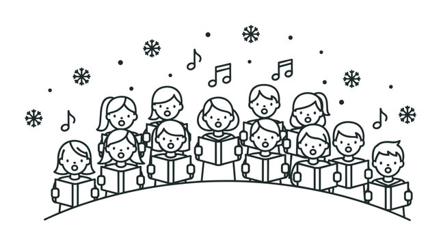 A cute black and white line art illustration of a children's choir singing Christmas carols from songbooks under falling snowflakes with musical notes floating in the air