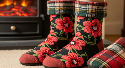 Cozy socks by the fireplace offer warmth and comfort indoors.
A close-up, horizontal image showcasing a pair of feet wearing thick, warm slipper socks with a vibrant red poppy floral pattern 