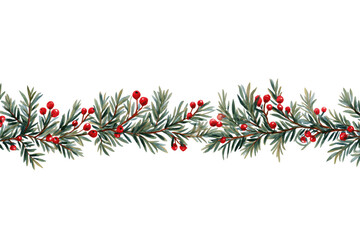 Hand Drawn Watercolor Christmas Border with Pine and Red Berries