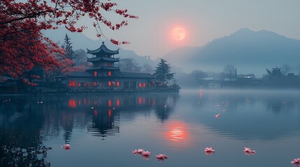 Serene Asian temple reflected in misty lake at red moonrise.