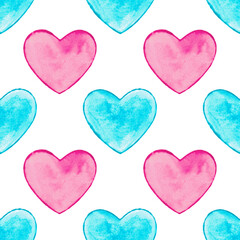 Watercolor hearts, seamless pattern on a white background. Hand-drawn illustration, tender Valentine's card.