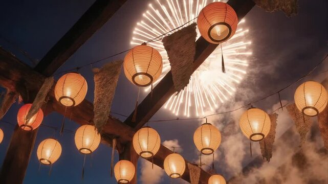 Warm lit paper lanterns hang beneath a rustic wooden structure against a twilight sky