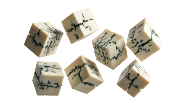 Delicious blue cheese cubes floating, perfect gourmet ingredient shot, food photography for artisan cheese companies and culinary projects, appetizing dairy treat