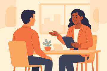 Two people having a discussion at a table in an office setting