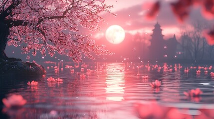 Serene sunset over a lake with cherry blossoms and a pagoda.