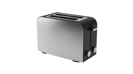 Modern silver toaster ready for breakfast, perfect for kitchen appliance ads or healthy eating promotions, a sleek addition to any home, simple and stylish
