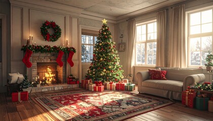 A festive living room with a glowing fireplace, decorated Christmas tree, stockings, wreath, and wrapped presents.