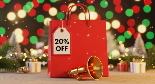 Striking red shopping bag with a '20% OFF' tag, festive lights, and Christmas decorations, representing holiday sales, seasonal discounts, and special promotional offers