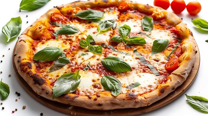 A delicious pizza margherita with fresh basil and cherry tomatoes on a wooden cutting board table