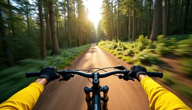 Rider on bicycle pedals fast down dirt path. Tall green trees line road, sunlight shines through canopy. Man wears yellow shirt, black gloves, helmet.