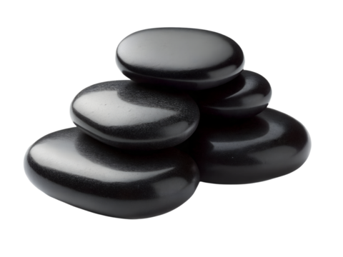 Pile of smooth black basalt spa stones isolated on transparent background