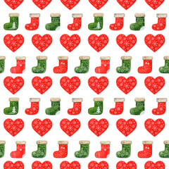 Christmas illustration, socks and hearts, watercolor seamless pattern on a white background. Hand-drawn Xmas decor.