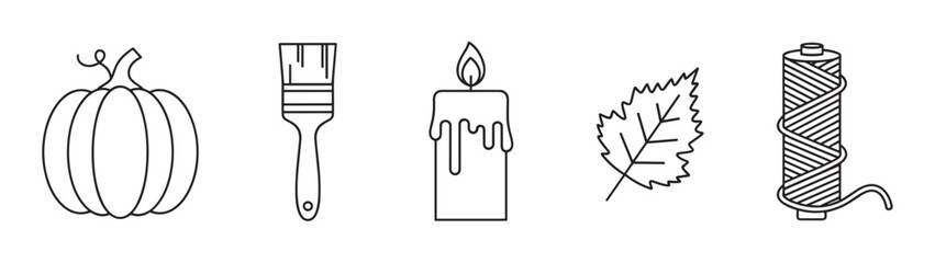 A collection of linear vector icons for autumn holidays and hobbies, featuring a pumpkin, paintbrush, lit candle with melting wax, a jagged leaf, and a spool of twine