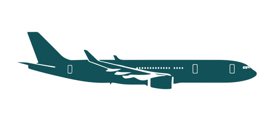 Minimalist side illustration of a passenger aircraft on a white surface.

