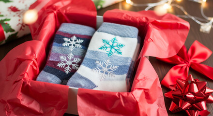 Cozy Winter Gift: Snowflakes on Striped Holiday Socks
A cheerful and festive close-up of a Christmas or holiday gift box. Inside a white box lined with bright red crumpled tissue paper rests a pair 