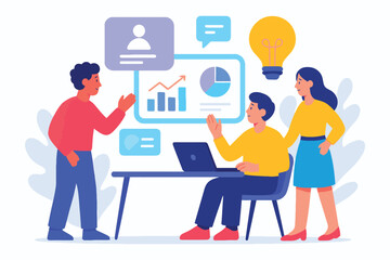 Team collaborating on a business project with charts and a lightbulb idea