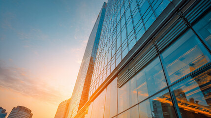 Modern glass office façade reflecting sunrise, city business district, architectural detail